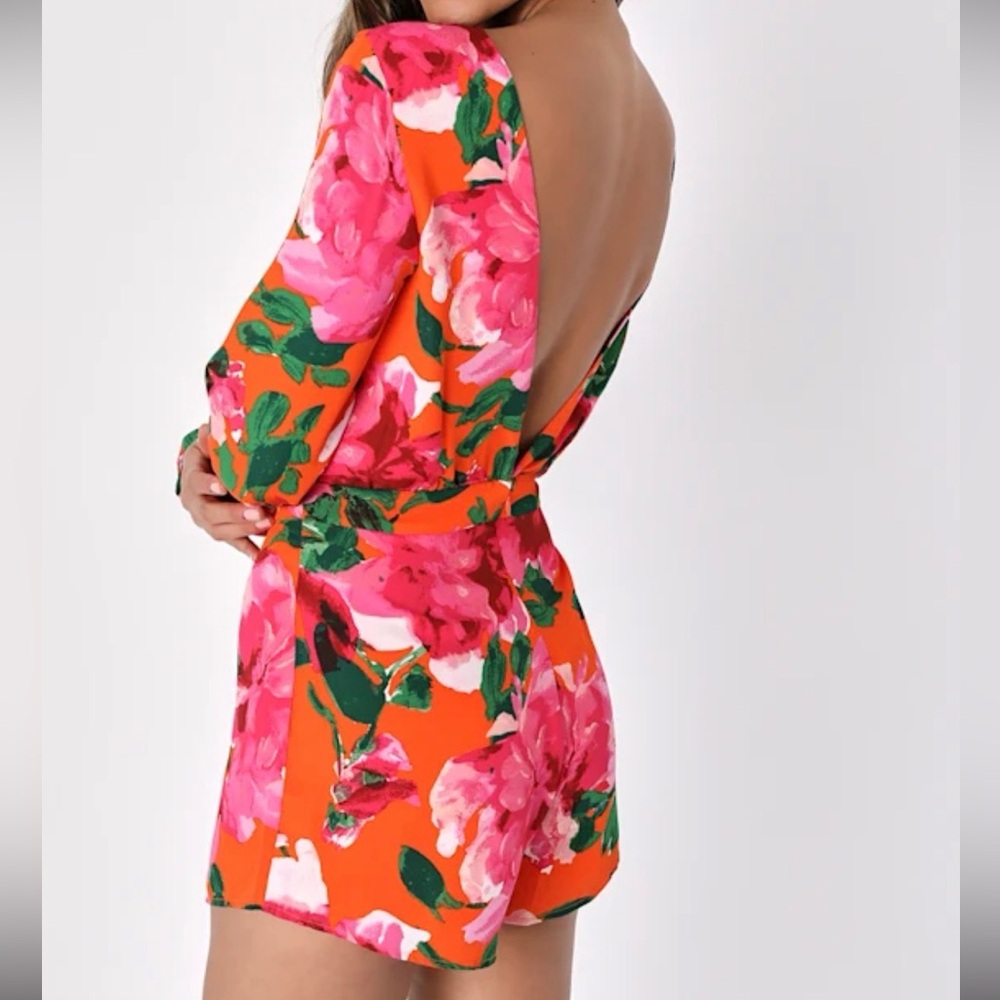 Lulu's Pink and Orange Backless Floral Romper